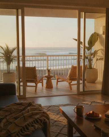 Beachfront hotel room with ocean view through glass doors, balcony seating, and potted plants