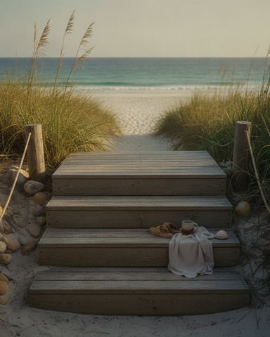 Wooden beach boardwalk steps leading through dune grass to ocean and sandy beach beyond