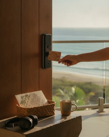 Hand opening wooden door with ocean and beach view, coffee mug and headphones on windowsill