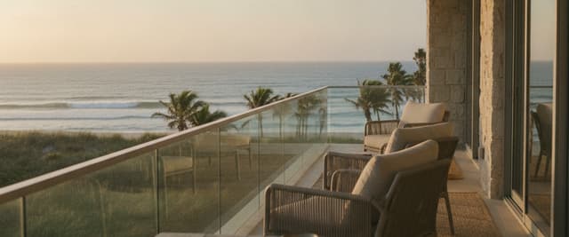 Oceanfront balcony with dining table, lounge chairs, and panoramic beach and palm tree views at sunset