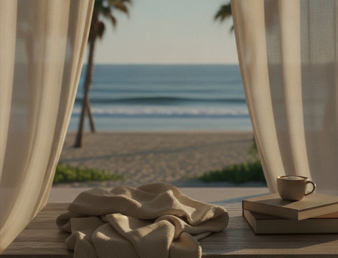 Wooden bench with folded blanket, books, and mug overlooking beach and ocean through sheer curtains